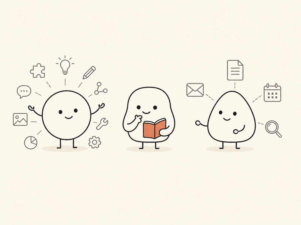 3 つの抽象キャラクターが、それぞれ機能拡張・文章・連携といった得意分野を表すモチーフを持って並ぶフラットイラスト