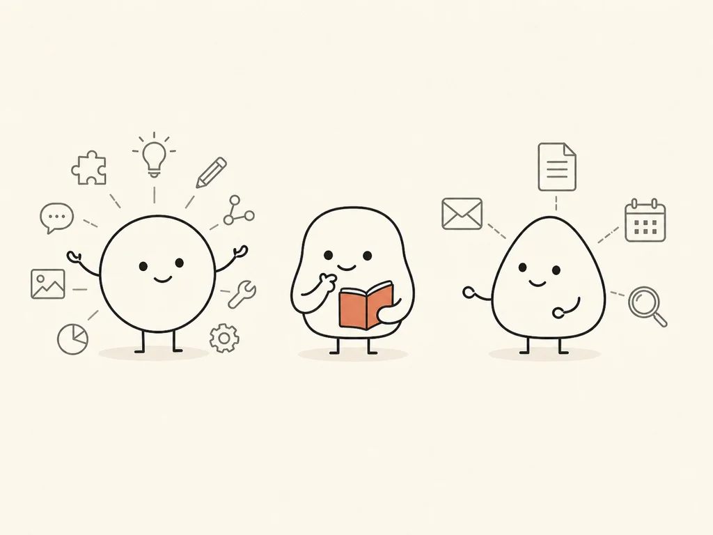 3 つの抽象キャラクターが、それぞれ機能拡張・文章・連携といった得意分野を表すモチーフを持って並ぶフラットイラスト
