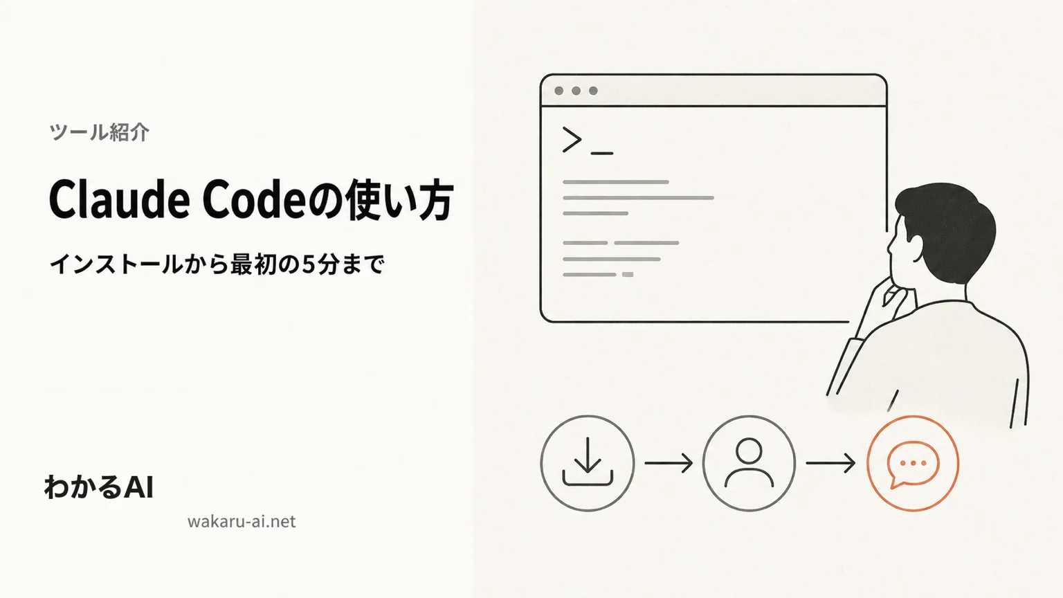 Claude Codeの使い方ハウツー記事のアイキャッチ。ターミナル風ウィンドウに向かう初心者と「入れる・ログイン・指示する」の3ステップを示すフラットイラスト