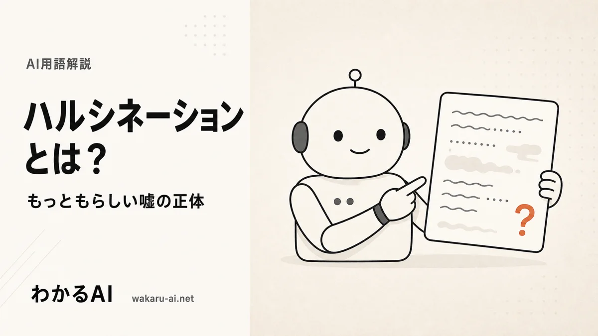 ハルシネーションを解説する記事のアイキャッチ。ロボットが内容のあやしい書類を自信ありげに掲げているフラットイラスト