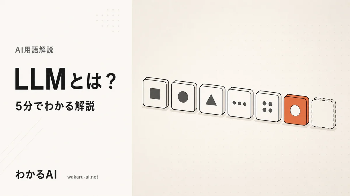 LLMとは？5分でわかる解説のアイキャッチ。次の単語予測を表す抽象的なトークンの流れ