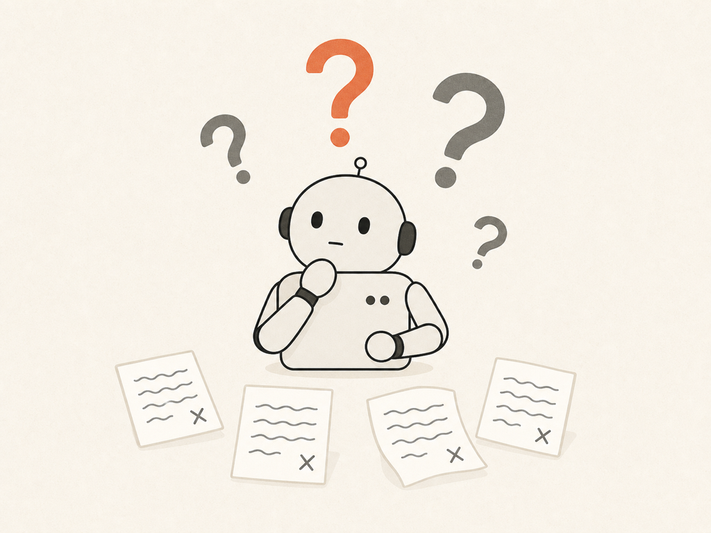 疑問符に囲まれて考え込むロボットと、誤りを示す印のついた書類を表したフラットイラスト