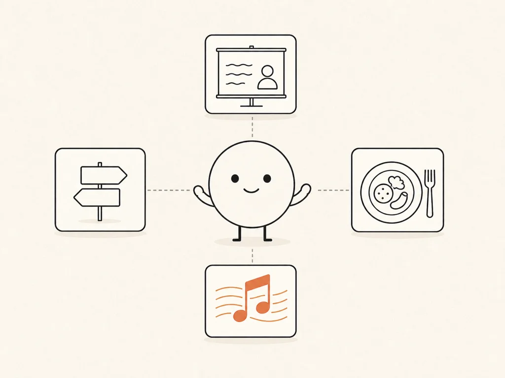 中央の抽象キャラクターから、ホワイトボード・料理皿・道標・音符の活用シーンへ線で繋がるフラットイラスト
