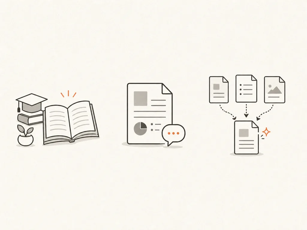 NotebookLMの活用シーン。学習・仕事・情報収集の3つの場面を並べたイラスト