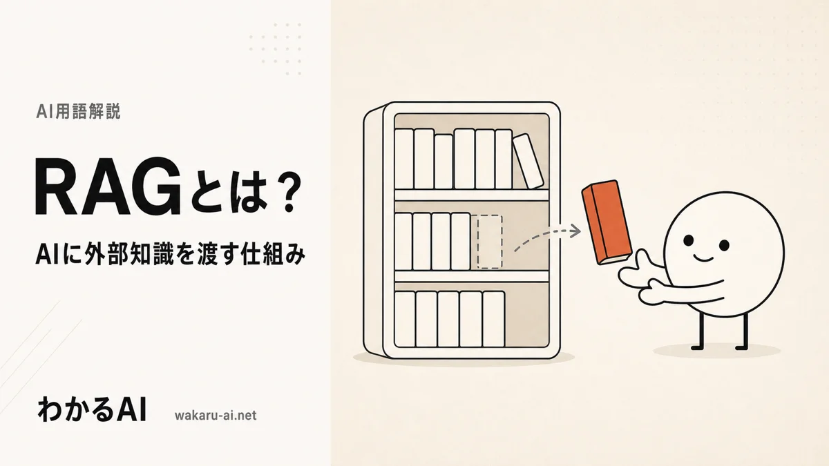 RAGを解説する記事のアイキャッチ。本棚から本を取り出して抽象キャラクターに渡すフラットイラスト