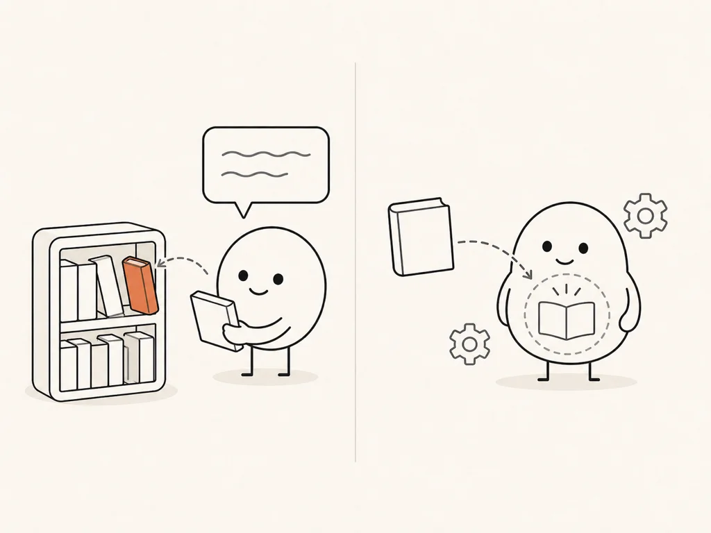 左に本棚から本を読みながら答えるキャラクター(RAG)、右に本を体に取り込みながら学習するキャラクター(ファインチューニング)を対比したフラットイラスト