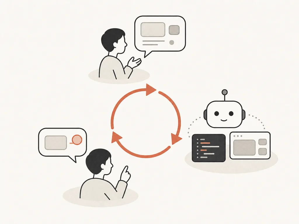 人が言葉で指示し、AIがコードを生成し、人が結果を確認して修正を依頼する、という対話のループを表した概念図